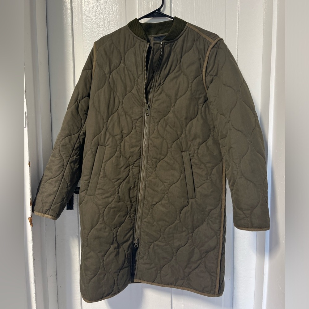 Olive Quilted Long Women's Coat - Lightweight Layering Jacket